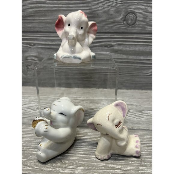 Small White Elephant Figurines Porcelain Ceramic Japan Lot of 3 Midcentury - Picture 1 of 16